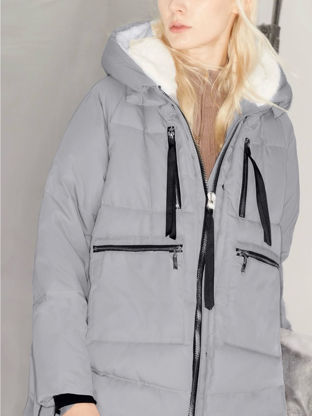 Orolay Light Gray Hooded Puffer Coat with Faux-Sherpa Lining
